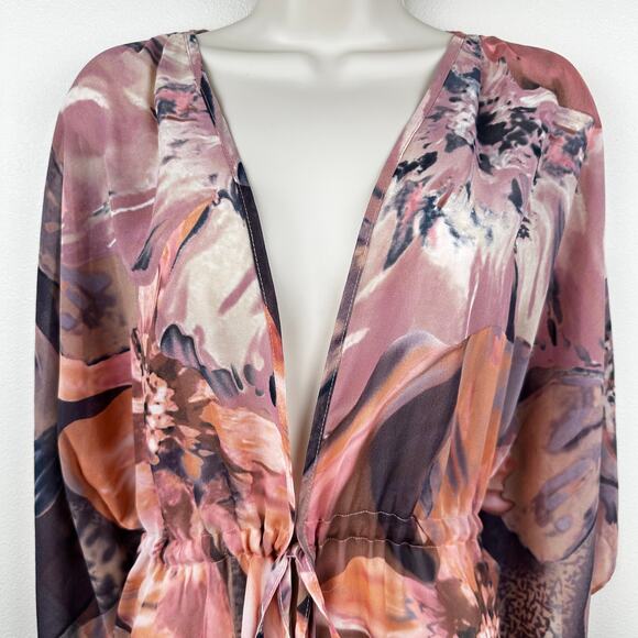 Bob Mackie Wearable Art Tie Front Kimono Semi Sheer Floral Purple Orange Large - Picture 2 of 10